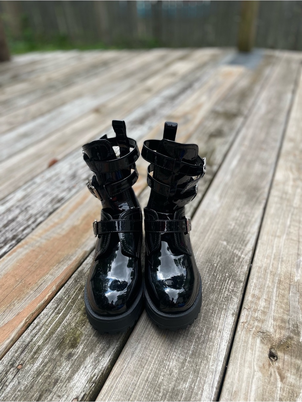 Glossy Black Buckle Combat Boots - Women